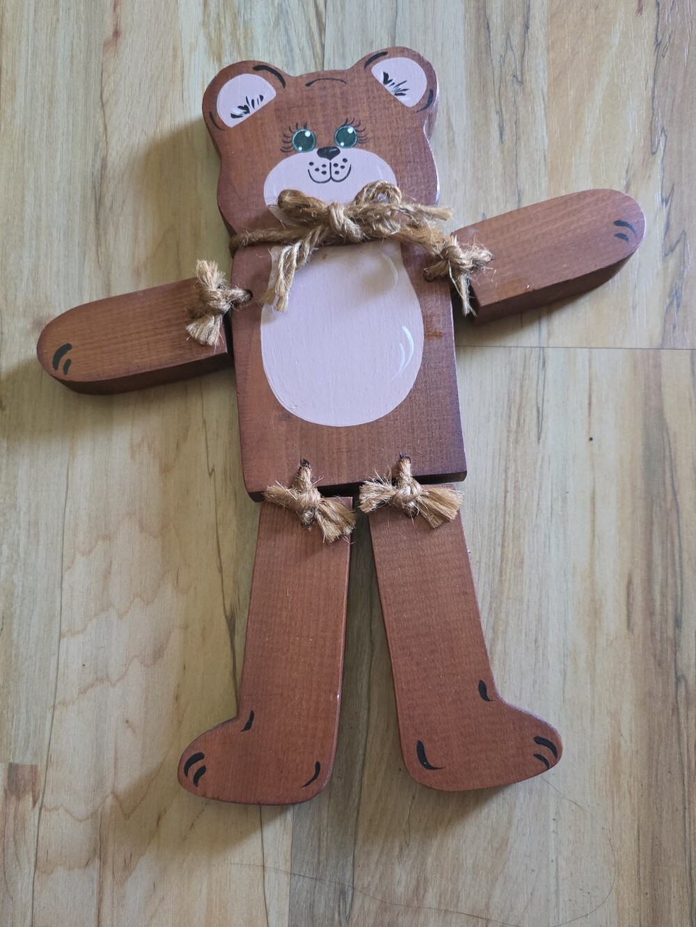 Vintage Handmade Wooden Brown Bear Puppet Toy with Rope Joints - Kids Toys